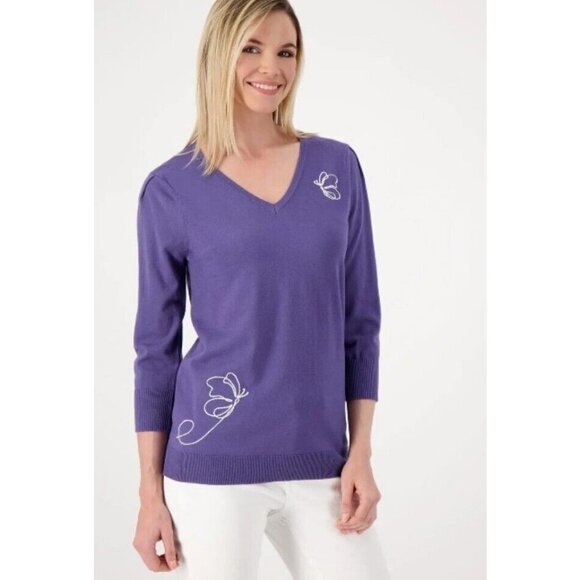 Laurie Felt Women's Top Sleeve Sweater w/ Butterfly New Navy Medium - Picture 1 of 1